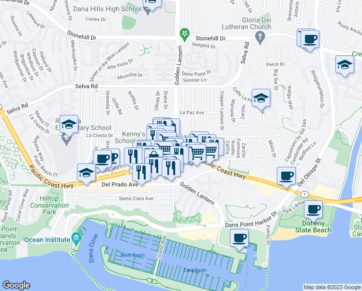 map of restaurants, bars, coffee shops, grocery stores, and more near 34051 Colegio Drive in Dana Point
