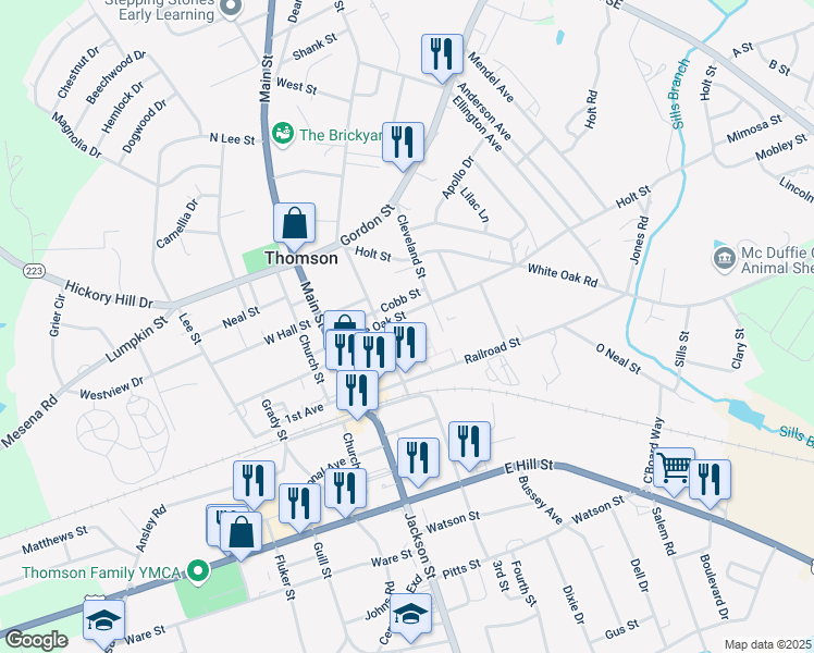 map of restaurants, bars, coffee shops, grocery stores, and more near 214 Greenway Street in Thomson