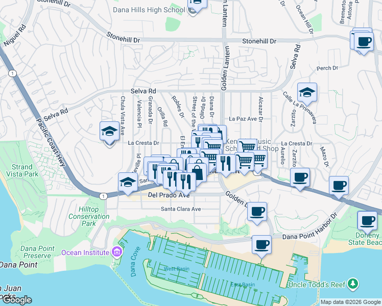 map of restaurants, bars, coffee shops, grocery stores, and more near 34041 Street of the Violet Lantern in Dana Point
