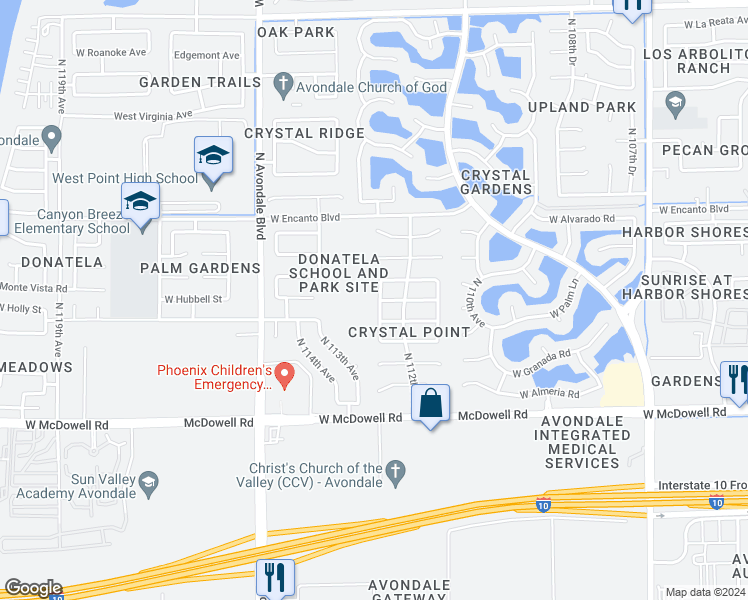 map of restaurants, bars, coffee shops, grocery stores, and more near 1902 North 112th Drive in Avondale