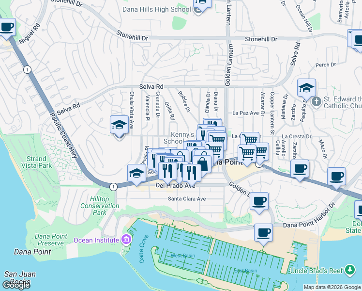 map of restaurants, bars, coffee shops, grocery stores, and more near 34042 Street of the Amber Lantern in Dana Point
