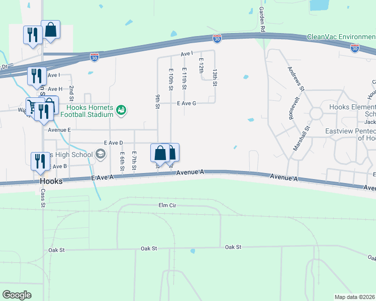 map of restaurants, bars, coffee shops, grocery stores, and more near 200 East 11th in Hooks