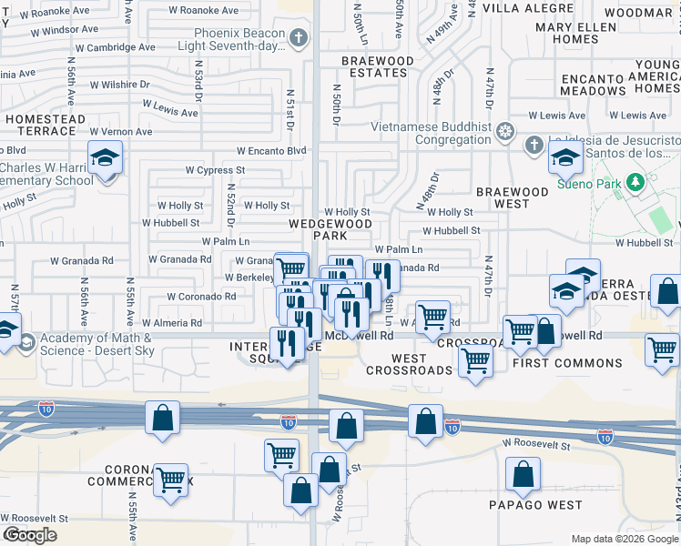 map of restaurants, bars, coffee shops, grocery stores, and more near 4944 West Berkeley Road in Phoenix