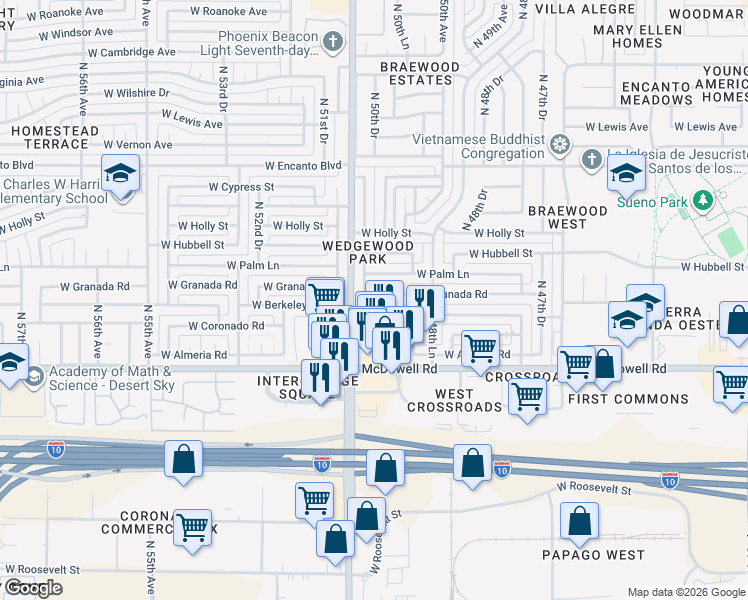 map of restaurants, bars, coffee shops, grocery stores, and more near 4944 West Berkeley Road in Phoenix