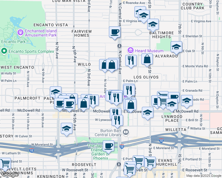 map of restaurants, bars, coffee shops, grocery stores, and more near 1850 North Central Avenue in Phoenix
