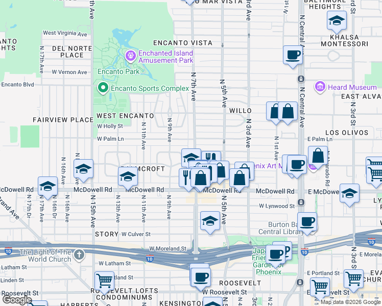 map of restaurants, bars, coffee shops, grocery stores, and more near 1808 North 7th Avenue in Phoenix