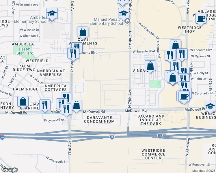 map of restaurants, bars, coffee shops, grocery stores, and more near 8151 West Palm Lane in Phoenix
