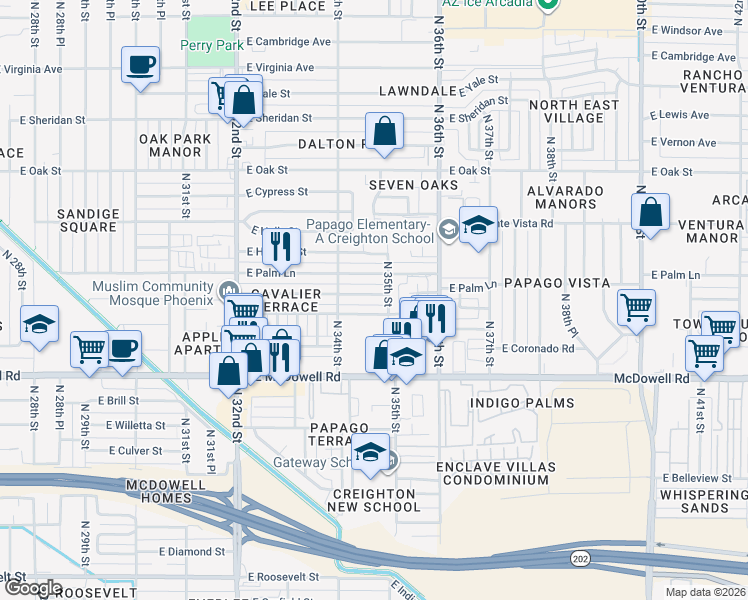map of restaurants, bars, coffee shops, grocery stores, and more near 3446 East Coronado Road in Phoenix