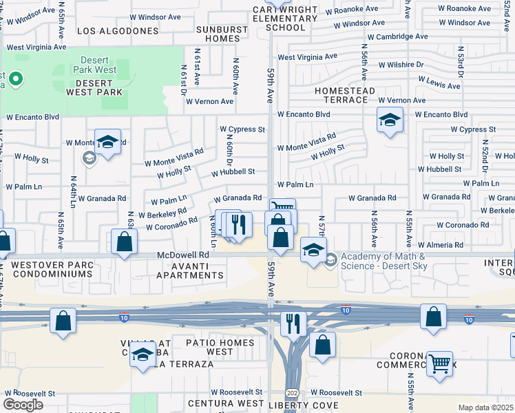 map of restaurants, bars, coffee shops, grocery stores, and more near 5901 West Berkeley Road in Phoenix