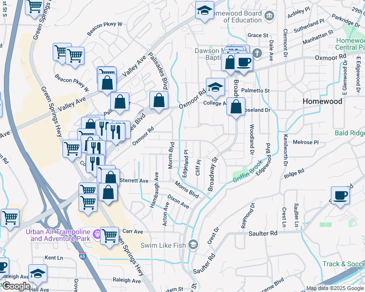 map of restaurants, bars, coffee shops, grocery stores, and more near 413 Edgeland Place in Birmingham