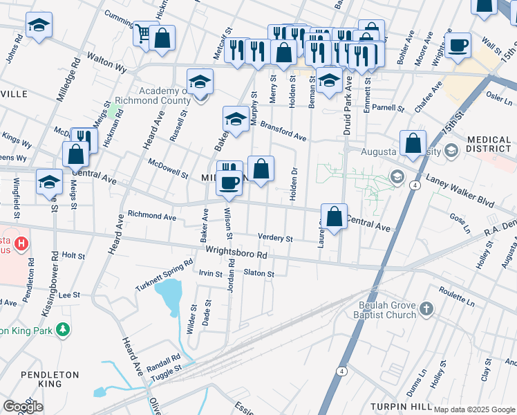 map of restaurants, bars, coffee shops, grocery stores, and more near 1306 Murphy Street in Augusta
