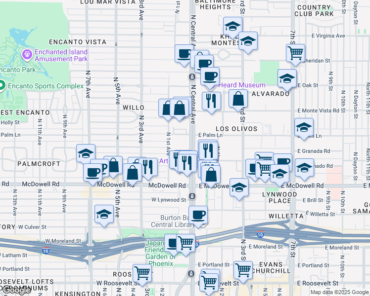 map of restaurants, bars, coffee shops, grocery stores, and more near 1850 North Central Avenue in Phoenix