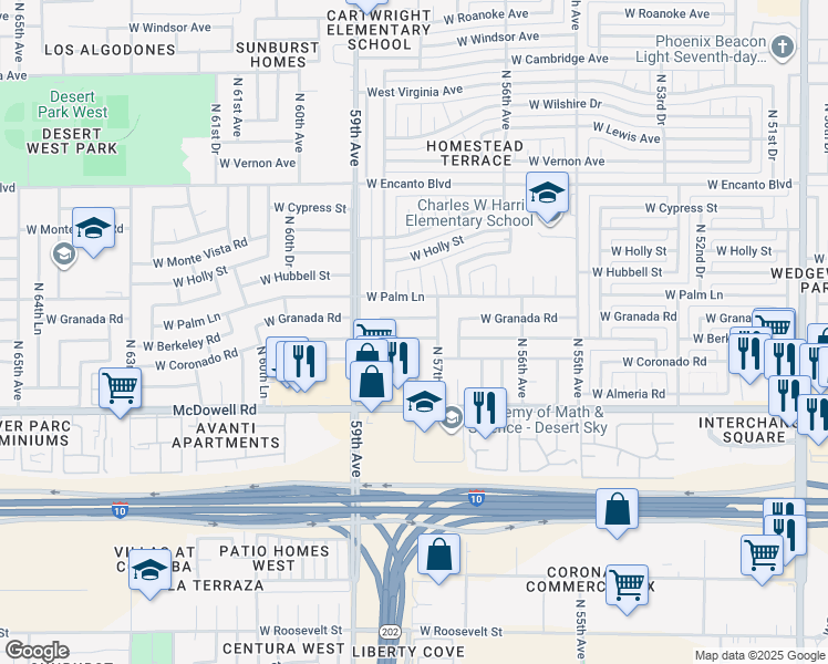 map of restaurants, bars, coffee shops, grocery stores, and more near 5729 West Berkeley Road in Phoenix