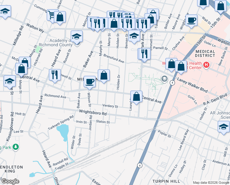 map of restaurants, bars, coffee shops, grocery stores, and more near 1307 Holden Street in Augusta