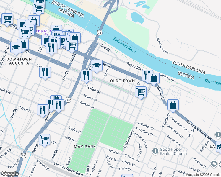 map of restaurants, bars, coffee shops, grocery stores, and more near 227 Telfair Street in Augusta