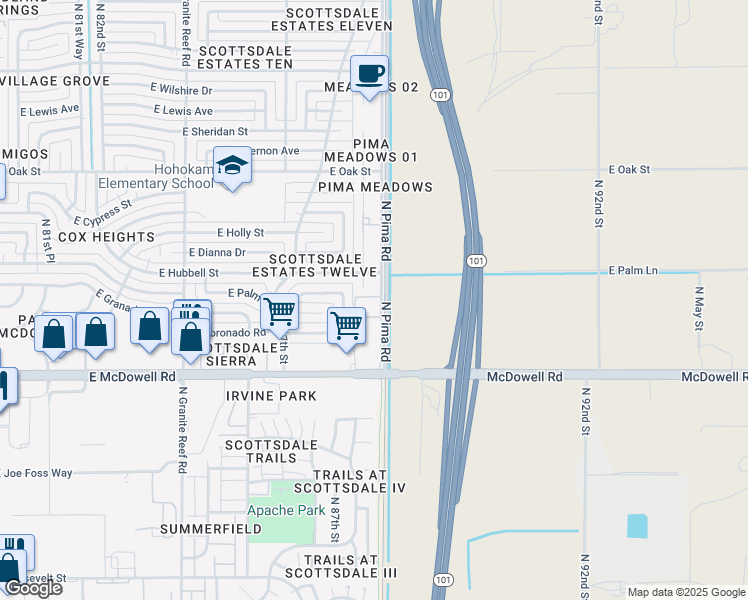 map of restaurants, bars, coffee shops, grocery stores, and more near 1650 North 87th Terrace in Scottsdale
