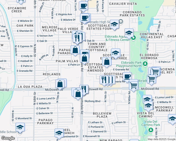 map of restaurants, bars, coffee shops, grocery stores, and more near 1815 North Scottsdale Road in Scottsdale