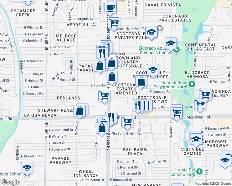 map of restaurants, bars, coffee shops, grocery stores, and more near 1815 North Scottsdale Road in Scottsdale