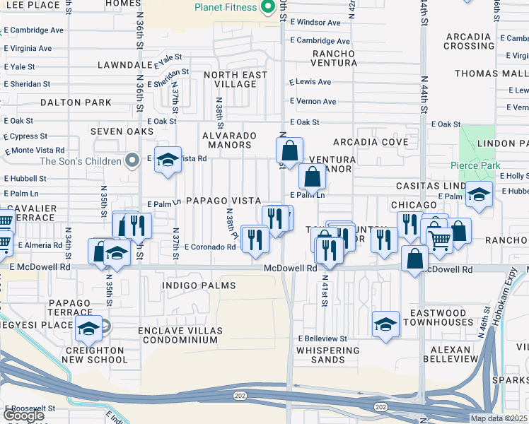 map of restaurants, bars, coffee shops, grocery stores, and more near 1818 North 40th Street in Phoenix