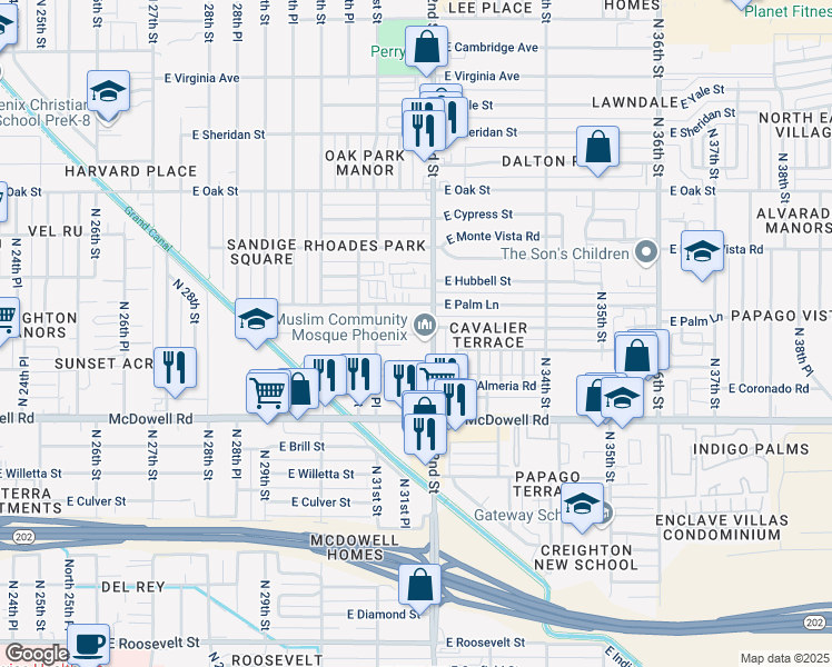 map of restaurants, bars, coffee shops, grocery stores, and more near 1809 North 32nd Street in Phoenix