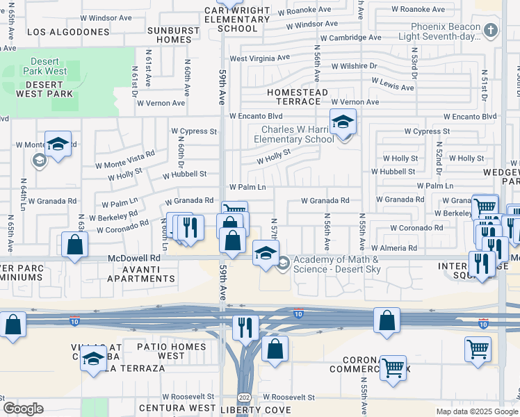 map of restaurants, bars, coffee shops, grocery stores, and more near 5729 West Berkeley Road in Phoenix