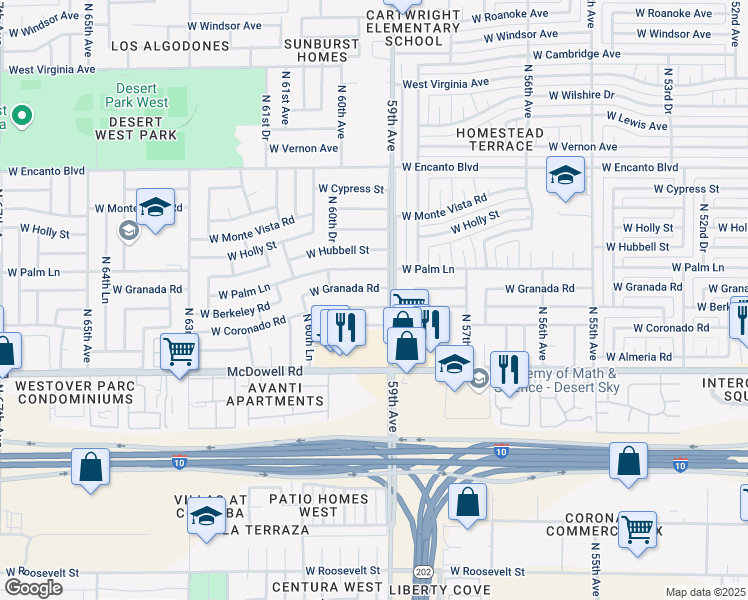 map of restaurants, bars, coffee shops, grocery stores, and more near 5901 West Berkeley Road in Phoenix