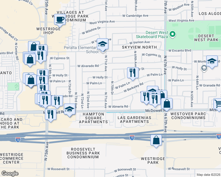 map of restaurants, bars, coffee shops, grocery stores, and more near 7102 West Berkeley Road in Phoenix