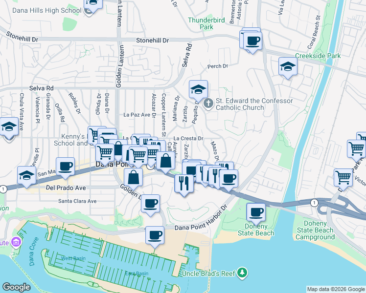 map of restaurants, bars, coffee shops, grocery stores, and more near 34071 El Contento in Dana Point