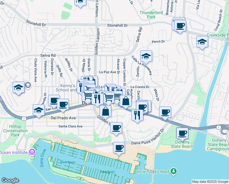 map of restaurants, bars, coffee shops, grocery stores, and more near 34082 Alcazar Drive in Dana Point