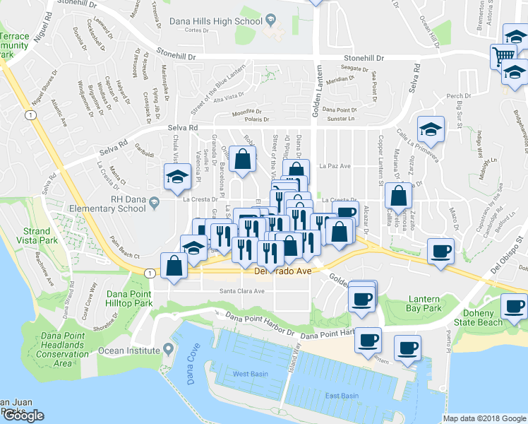 map of restaurants, bars, coffee shops, grocery stores, and more near 34071 Violet Lantern Street in Dana Point