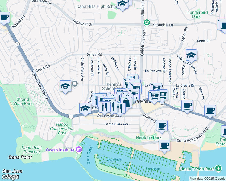 map of restaurants, bars, coffee shops, grocery stores, and more near 34072 Street of the Amber Lantern in Dana Point