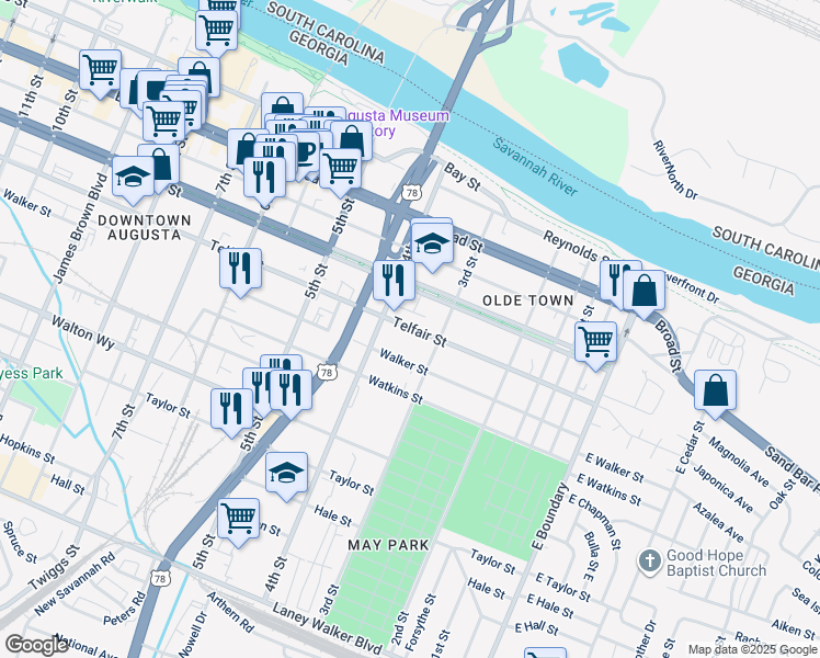 map of restaurants, bars, coffee shops, grocery stores, and more near 323 Walker Street in Augusta
