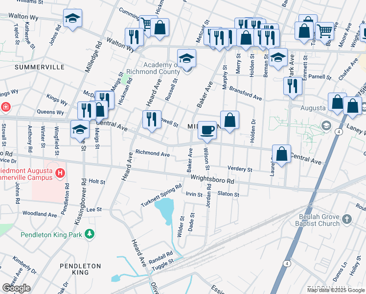 map of restaurants, bars, coffee shops, grocery stores, and more near 1915 Richmond Avenue in Augusta