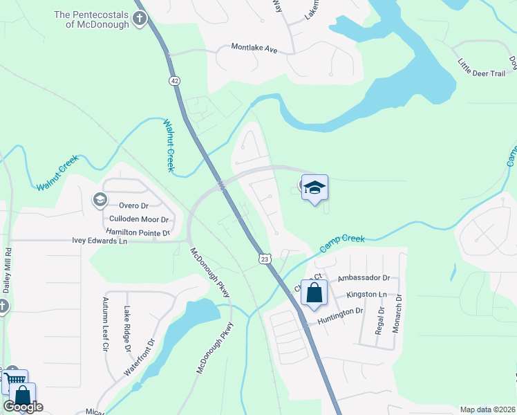 map of restaurants, bars, coffee shops, grocery stores, and more near 228 Leland Lane in McDonough