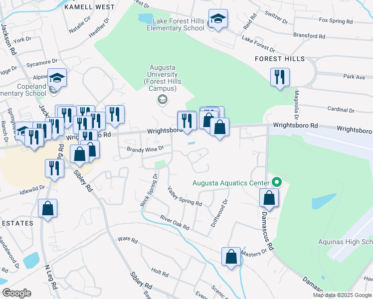 map of restaurants, bars, coffee shops, grocery stores, and more near 3209 Summerchase Circle in Augusta