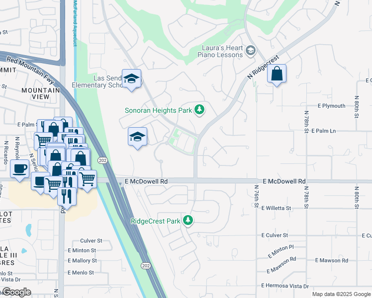 map of restaurants, bars, coffee shops, grocery stores, and more near 2919 North Athena in Mesa