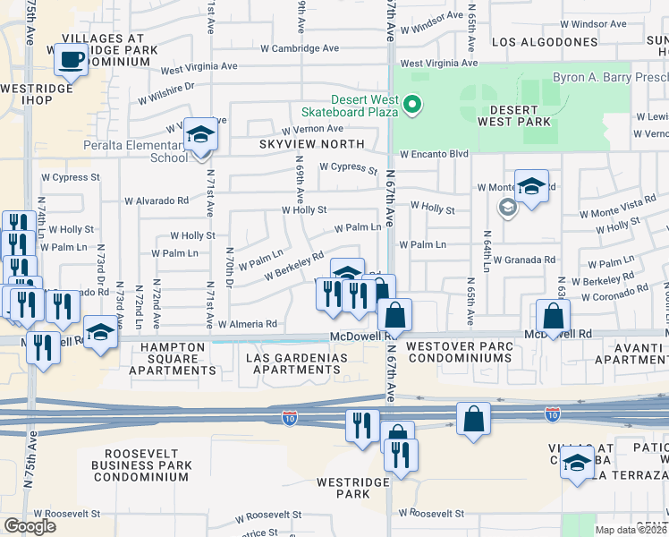 map of restaurants, bars, coffee shops, grocery stores, and more near 1802 North 68th Drive in Phoenix