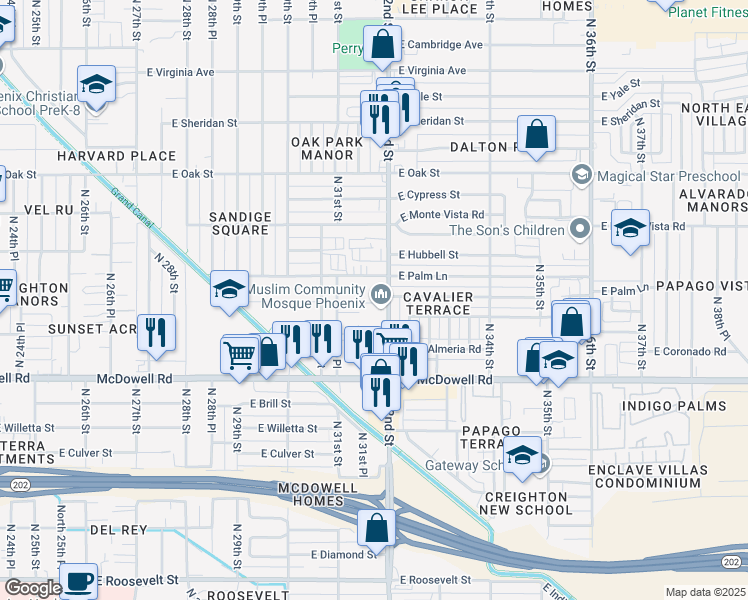 map of restaurants, bars, coffee shops, grocery stores, and more near 1809 North 32nd Street in Phoenix