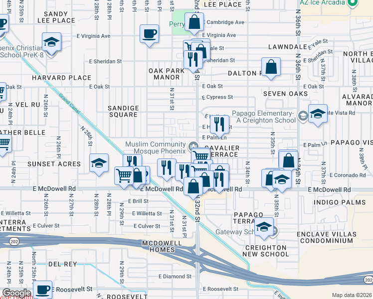 map of restaurants, bars, coffee shops, grocery stores, and more near 1809 North 32nd Street in Phoenix