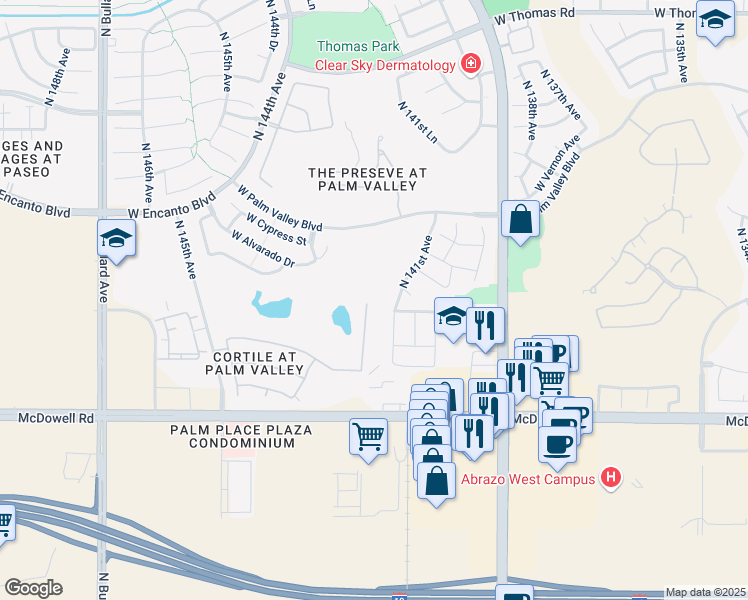 map of restaurants, bars, coffee shops, grocery stores, and more near 1927 North 142nd Avenue in Goodyear