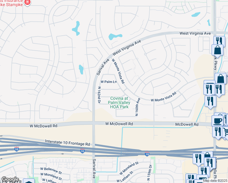 map of restaurants, bars, coffee shops, grocery stores, and more near 16159 West Granada Road in Goodyear