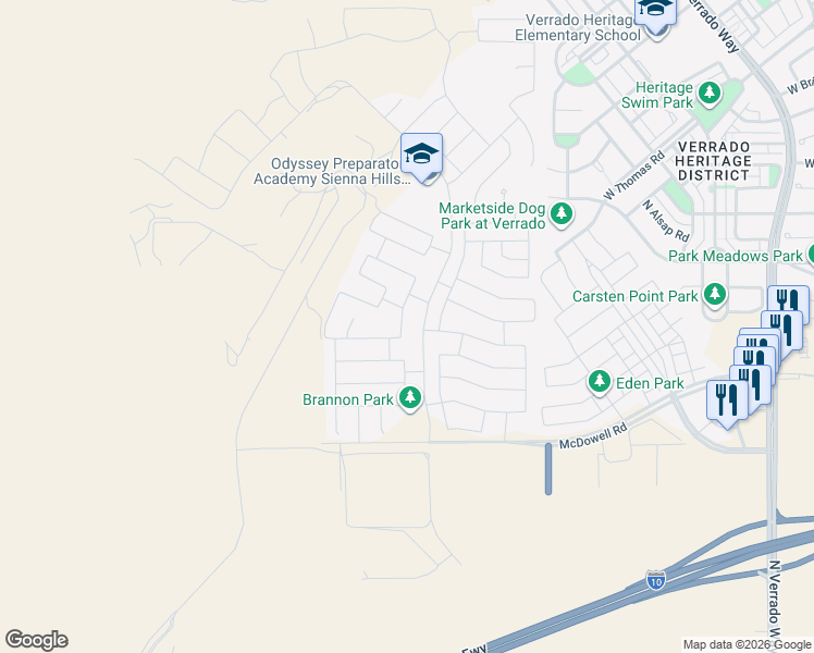 map of restaurants, bars, coffee shops, grocery stores, and more near 21293 West Granada Road in Buckeye
