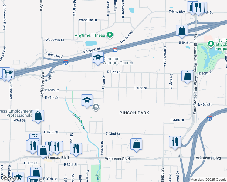 map of restaurants, bars, coffee shops, grocery stores, and more near 4707 Ridgeway Drive in Texarkana