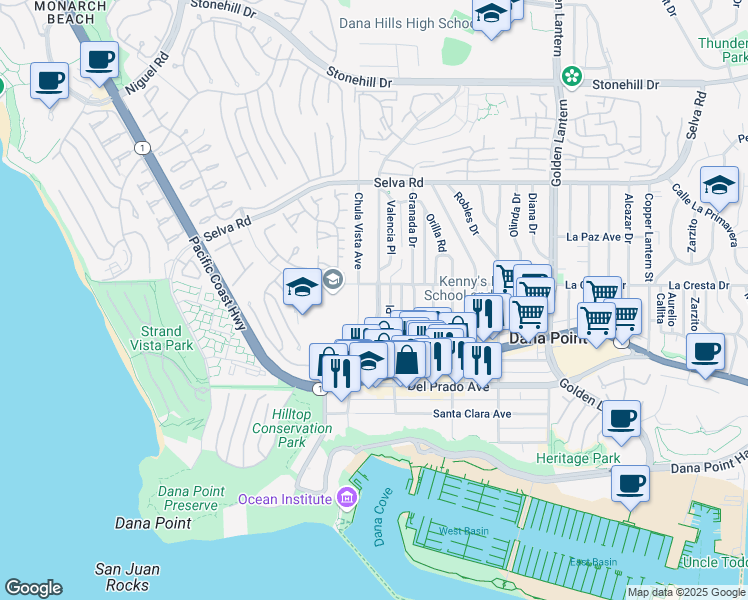 map of restaurants, bars, coffee shops, grocery stores, and more near 34031 Street of the Blue Lantern in Dana Point