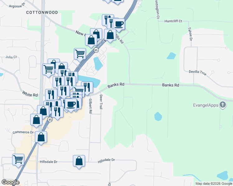 map of restaurants, bars, coffee shops, grocery stores, and more near 147 Hidden Valley Road in Fayetteville