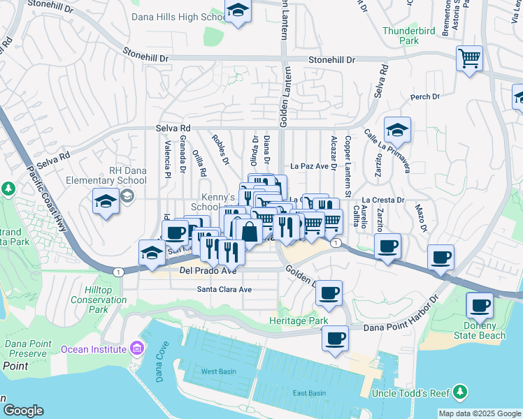 map of restaurants, bars, coffee shops, grocery stores, and more near Unnamed Road in Dana Point