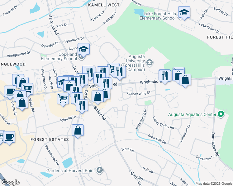map of restaurants, bars, coffee shops, grocery stores, and more near 3218 Wrightsboro Rd in Augusta