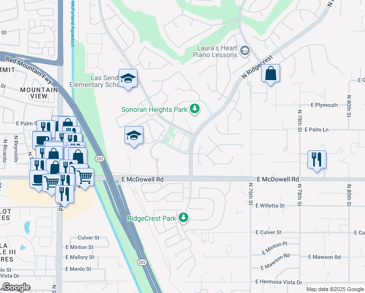map of restaurants, bars, coffee shops, grocery stores, and more near 2919 North Athena in Mesa
