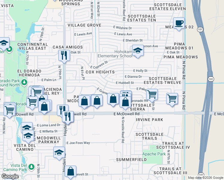 map of restaurants, bars, coffee shops, grocery stores, and more near 8343 East Granada Road in Scottsdale
