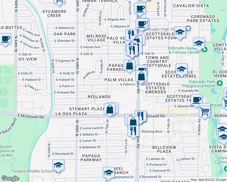 map of restaurants, bars, coffee shops, grocery stores, and more near 1815 North 70th Street in Scottsdale